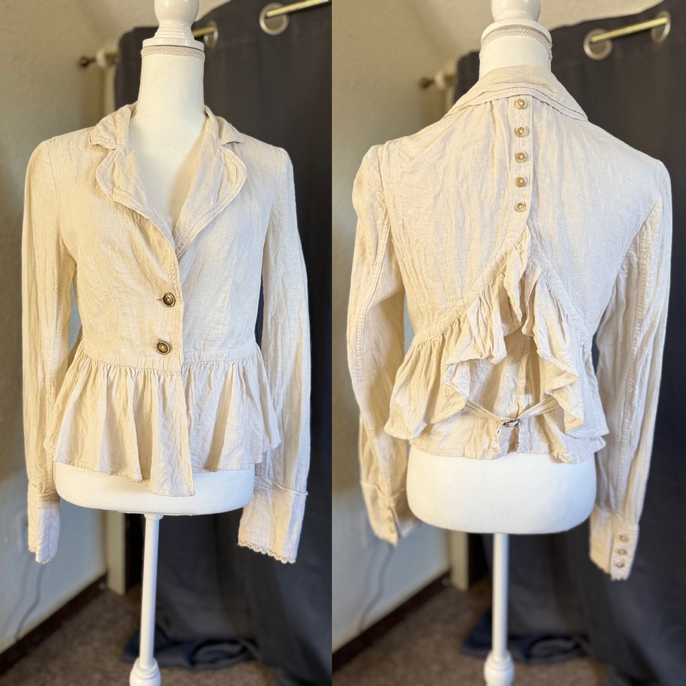 Free People Ruffle Back Peplum Linen Blend Blazer Women Small Cream